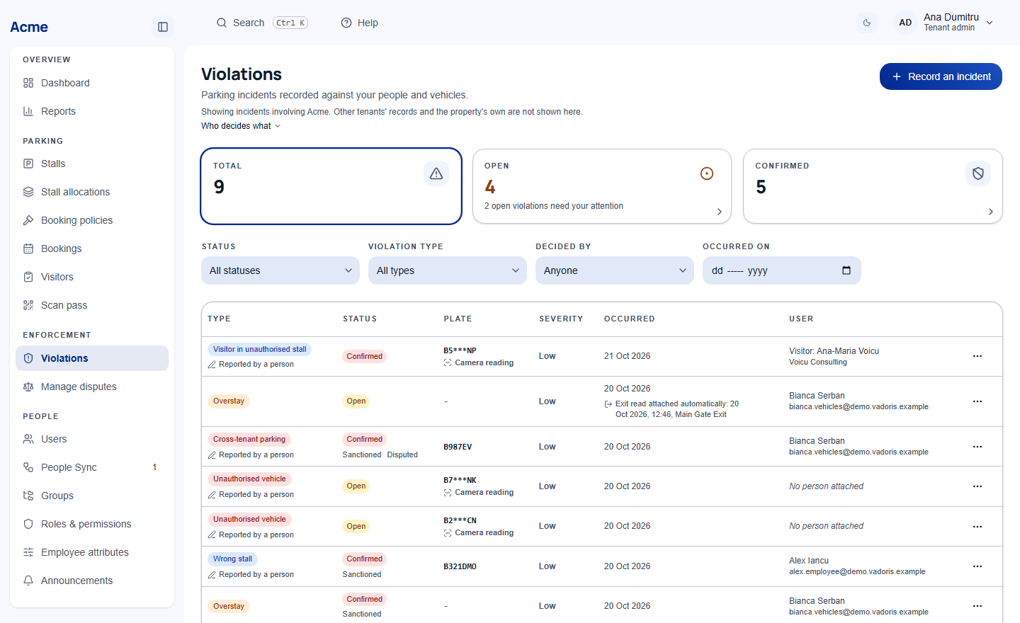 The violations list in the tenant console: counts of open and confirmed cases, filters, and each case with its type, status, plate, date and the person involved.